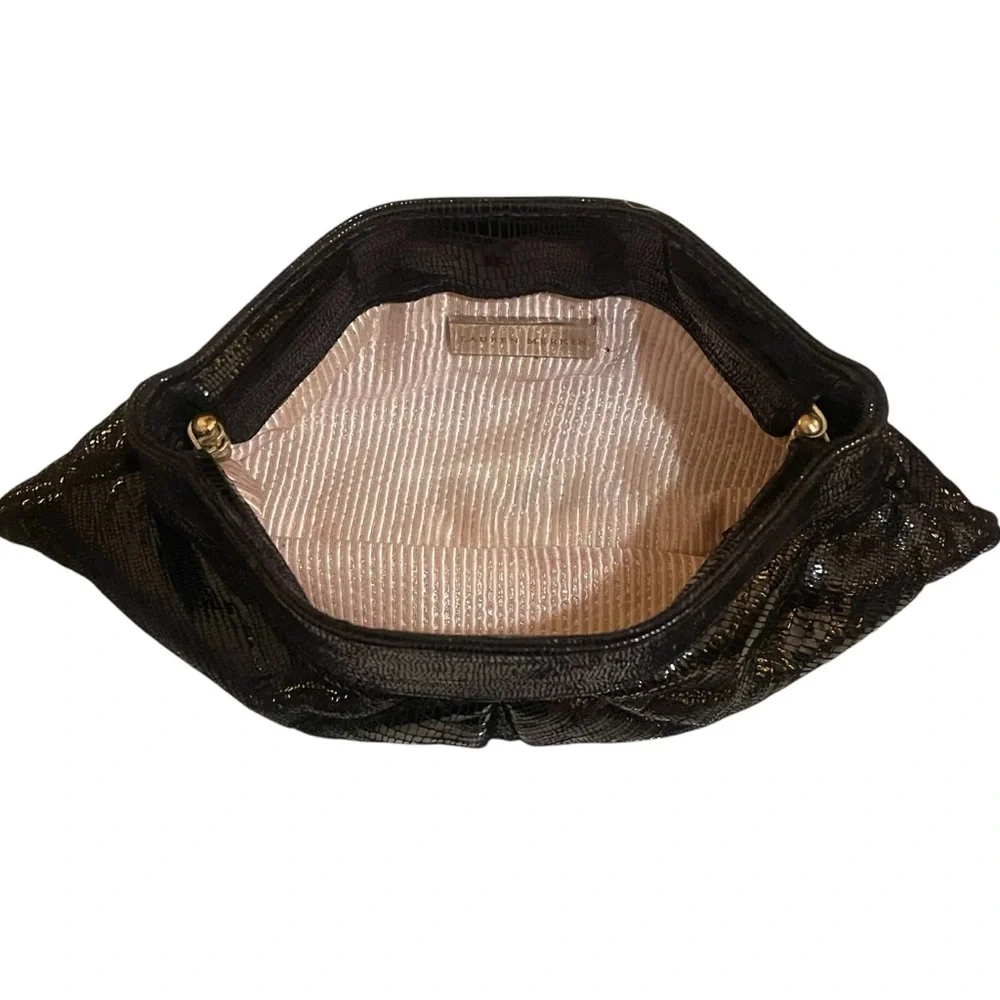Lauren Merkin Black Shiny Faux Snakeskin Embossed Eve Leather Evening Clutch Bag